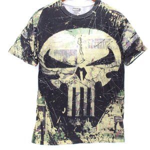Vintage Marvel Shirt Men Black & Tan Short Sleeve Punisher All Over Print Logo M